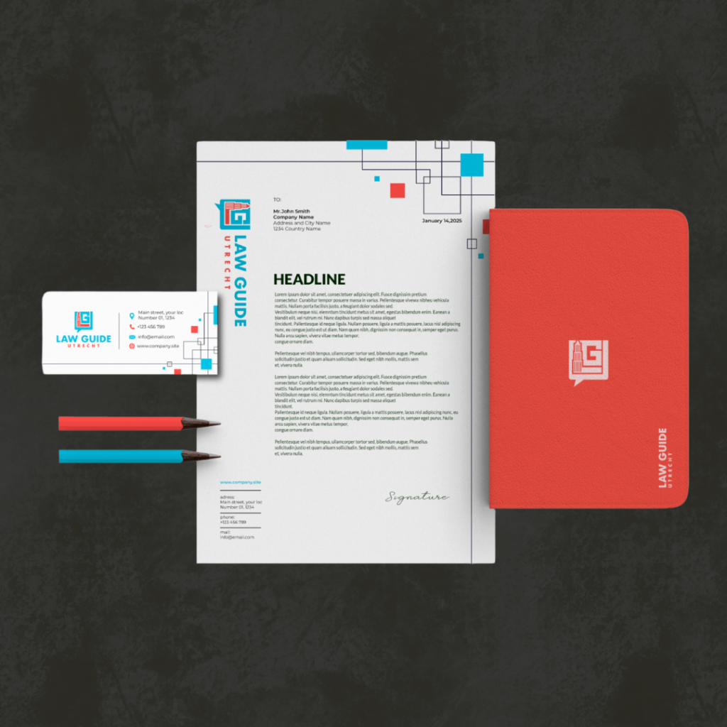 Visitekaart, briefpapier en notitieboek in LGU huisstijl met pastelkleuren en lijnpatroon