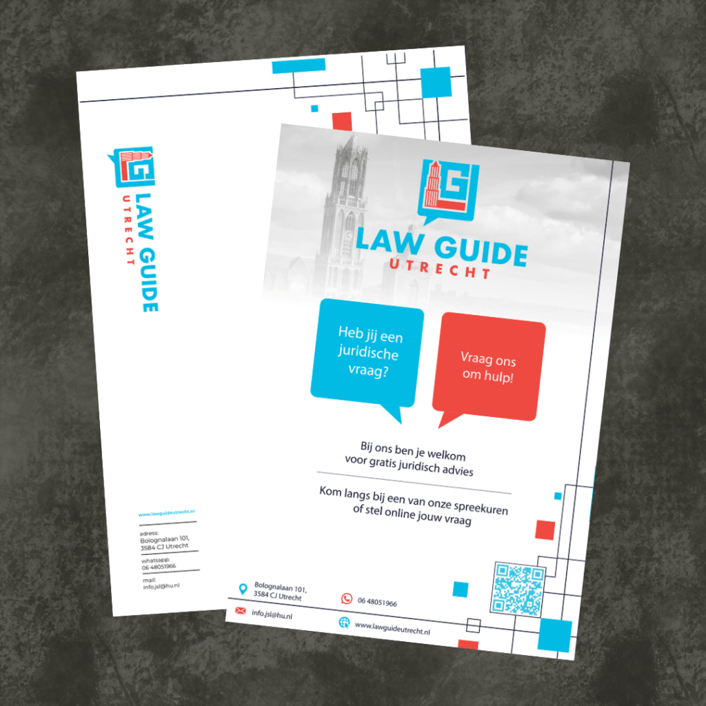 Dubbele flyer Law Guide Utrecht met grafisch lijnmotief en tekstballonnen